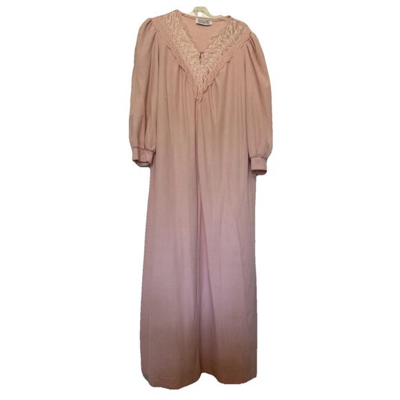 Vtg Vanity Fair Pink Housecoat Sz Large Embroidered Lace Zip Up Lounger Robe - Picture 1 of 15